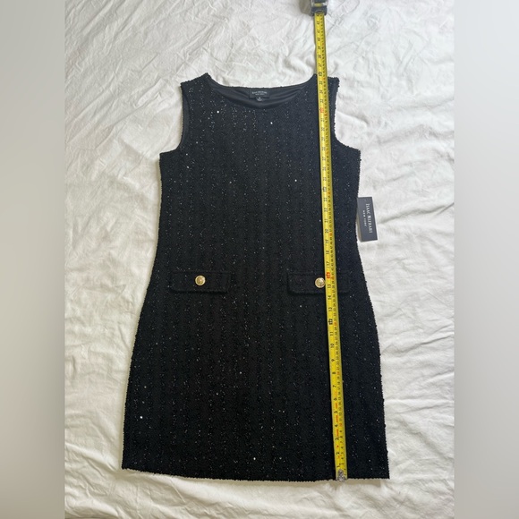 Isaac Mizrahi New York Black Sequin Tweed Sheath Dress Gold Buttons Size M - Picture 10 of 14